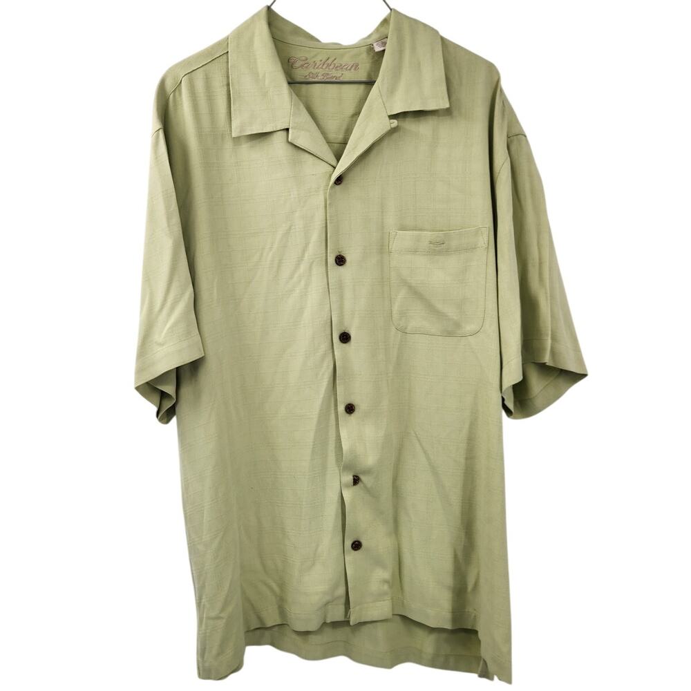 Caribbean Green Button Down Short Sleeve Silk Blend Shirt Mens Extra Large XL